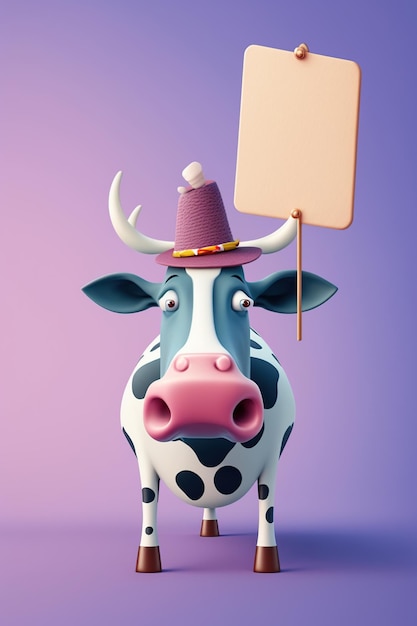 Vaca branca fofa segurando um banner vazio estilo de renderização 3D gerado por IA