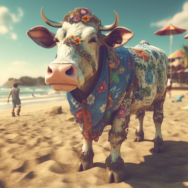 Una vaca con una bufanda se encuentra en una playa con una sombrilla en el fondo.