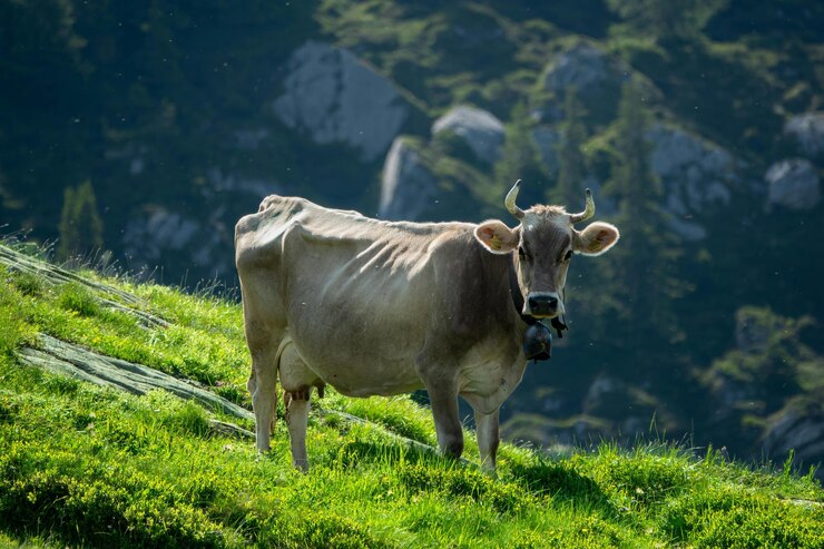 una vaca con una campana alrededor de su cuello se encuentra en un campo de hierba