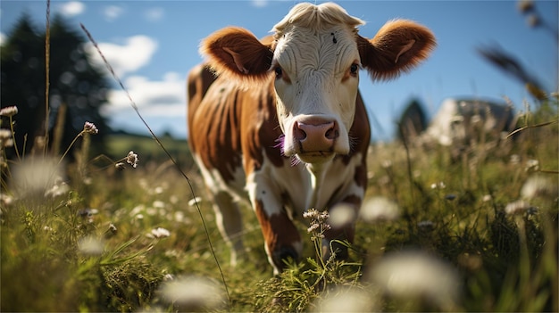 Una vaca en un campo con flores al fondo.