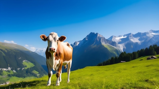 Una vaca en un campo con montañas al fondo.