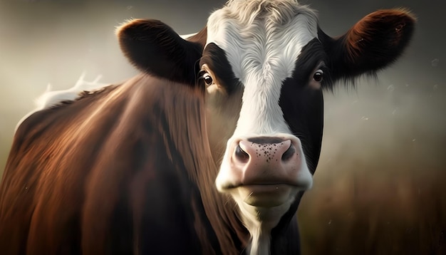 Una vaca con la cara en blanco y negro y una raya blanca en la cara.