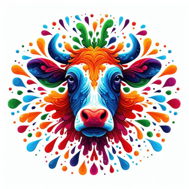 Foto una vaca con una cara colorida se muestra en una ilustración colorida