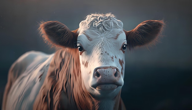 Una vaca con una cara marrón y blanca y una cara blanca.