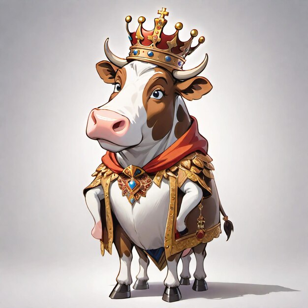 Vaca caricatura antropomórfica con ropa de un rey y una corona de pie vista de todo el cuerpo