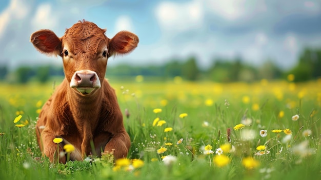 Vaca castanha sentada em um campo verde exuberante