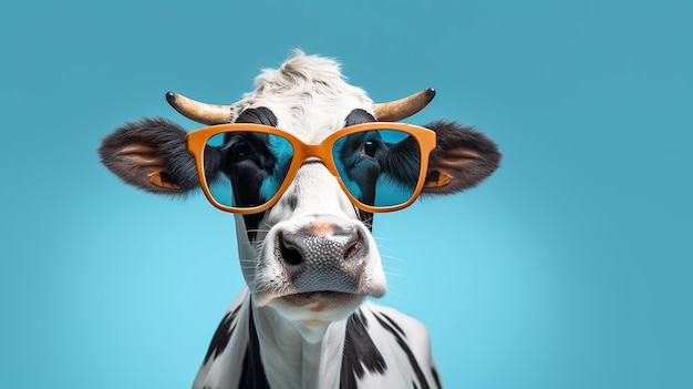 vaca en el cielo azul con gafas de sol