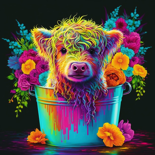 Una vaca de colores brillantes en un balde con flores en un ai generativo de fondo negro