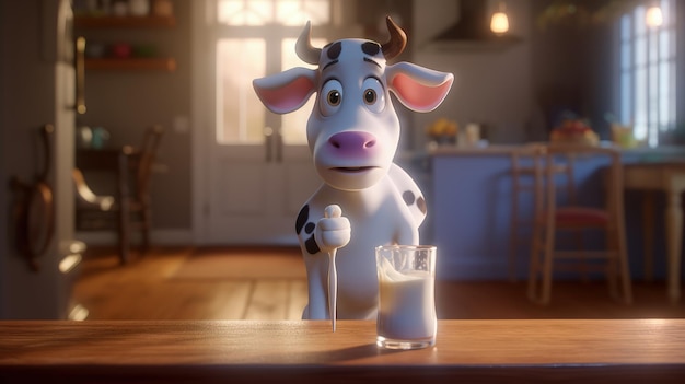 vaca com estilo de desenho animado pixar de leite fresco