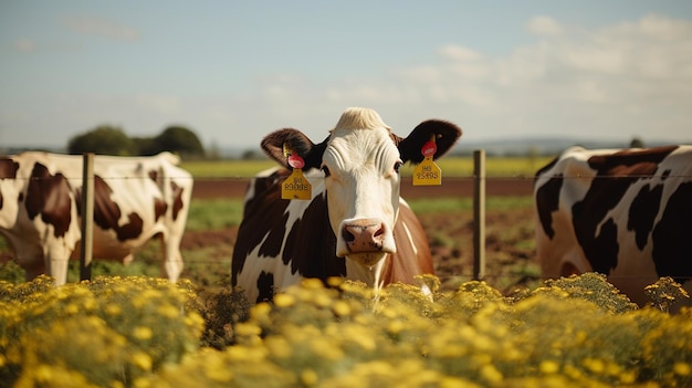 Vaca com etiqueta de gado em fazenda de gado Generative AI