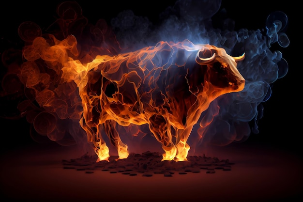 Vaca com fogo e fumaça no conceito de mercado de ações de fundo escuro Generative AI