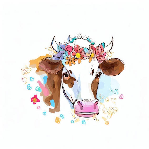 Una vaca con una corona de flores en la cabeza lleva una corona de flores.