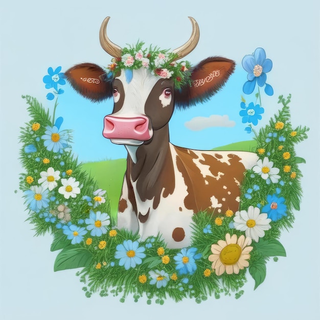 Una vaca con una corona de flores.