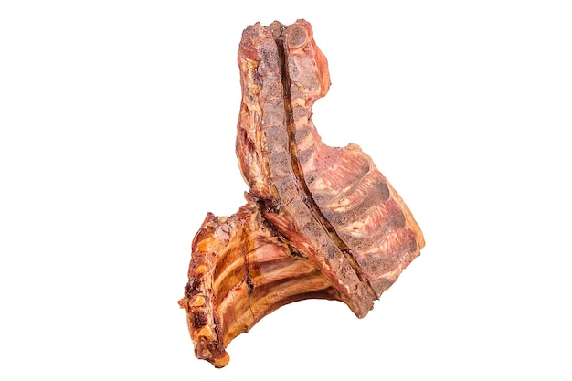 Vaca, costela defumada, frita, bacon, carne com osso, frita na brasa, em embalagem plástica fundo branco