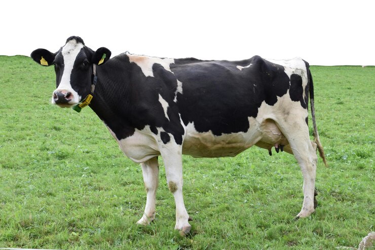 una vaca con cuernos en la cabeza se muestra en un fondo rojo