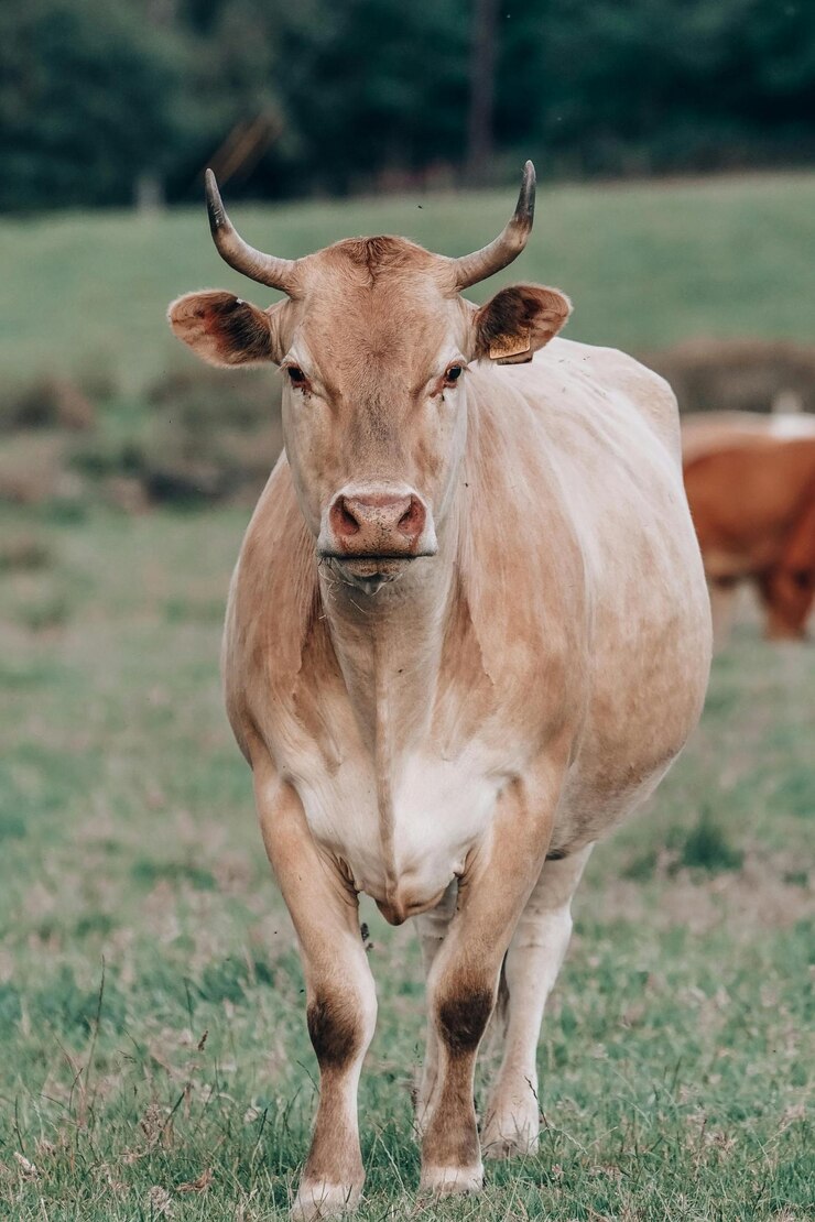 una vaca con cuernos está caminando en un campo