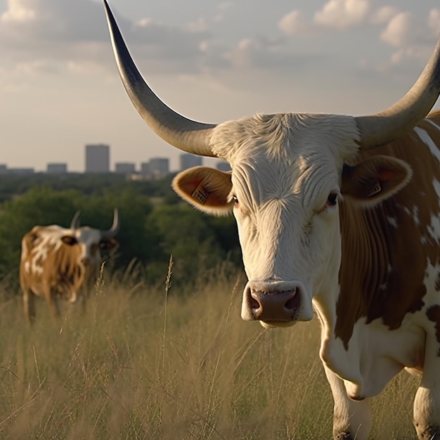 Una vaca con cuernos está parada en un campo con una ciudad al fondo.