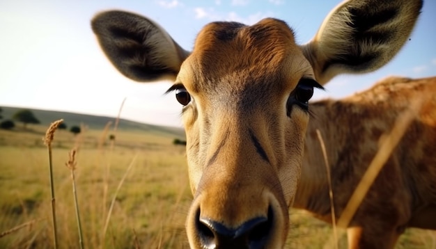 Vaca con cuernos pastando en un prado verde luciendo linda generada por IA