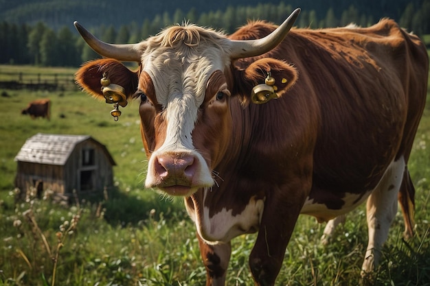 Foto una vaca con cuernos que es marrón y blanco