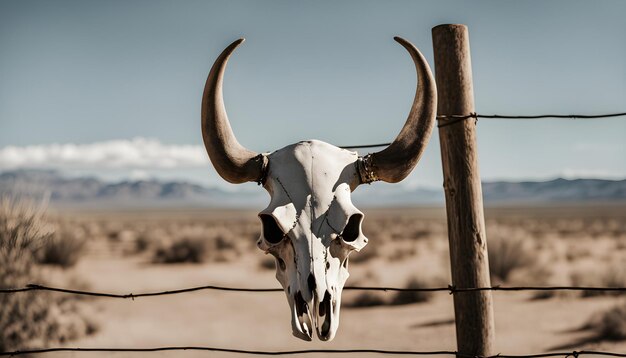 Foto una vaca con cuernos y una valla de alambre con una montaña en el fondo