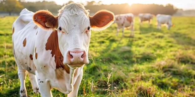 Vaca curiosa em um campo iluminado pelo sol durante a hora dourada