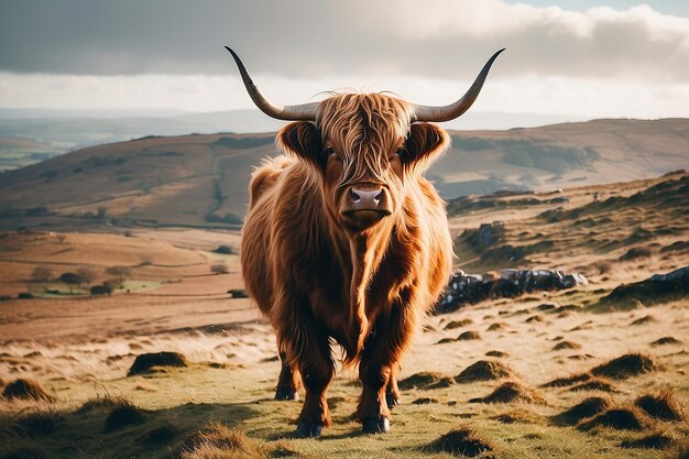 Foto vaca das terras altas de pele castanha com chifres curvos em bodmin moor, cornualha