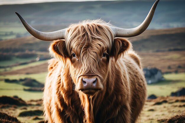 Vaca das Terras Altas de pele castanha com chifres curvos em Bodmin Moor, Cornualha