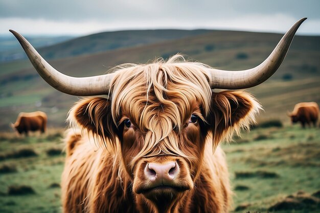 Vaca das Terras Altas de pele castanha com chifres curvos em Bodmin Moor, Cornualha