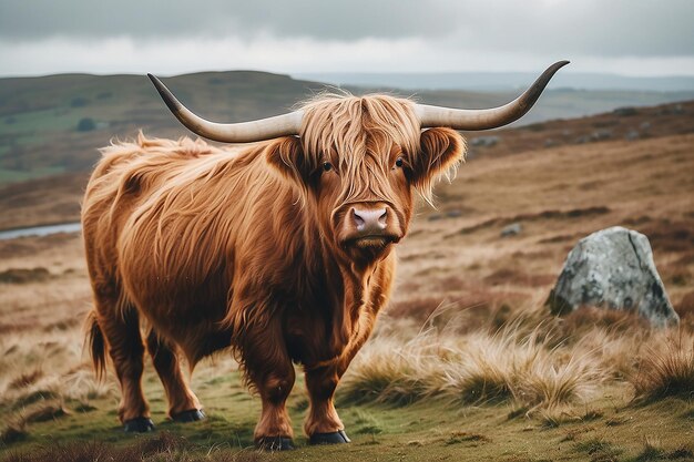 Vaca das Terras Altas de pele castanha com chifres curvos em Bodmin Moor, Cornualha