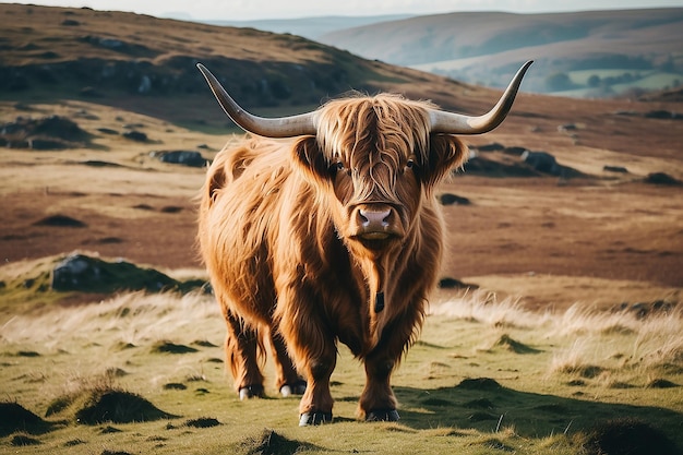 Vaca das Terras Altas de pele castanha com chifres curvos em Bodmin Moor, Cornualha