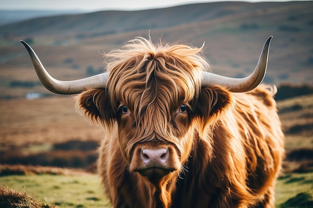 Vaca das Terras Altas de pele castanha com chifres curvos em Bodmin Moor, Cornualha