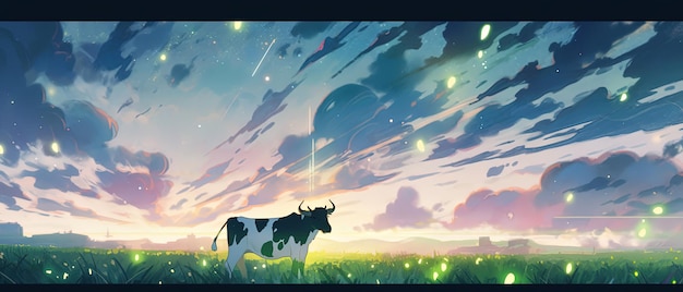 vaca de anime em um campo de grama com um fundo de céu
