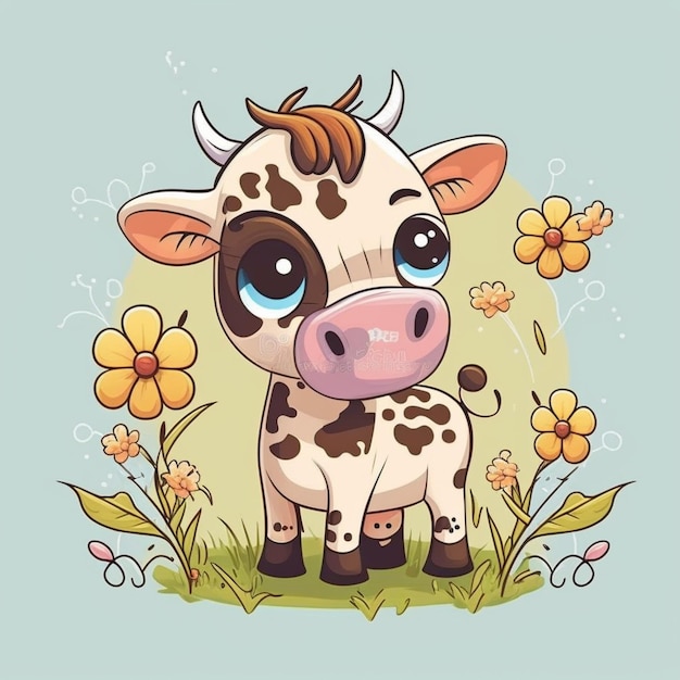 vaca de desenho animado com olhos grandes de pé na grama com flores generativa ai