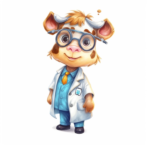 vaca de desenho animado vestindo um casaco de laboratório e óculos de pé na frente de um fundo branco