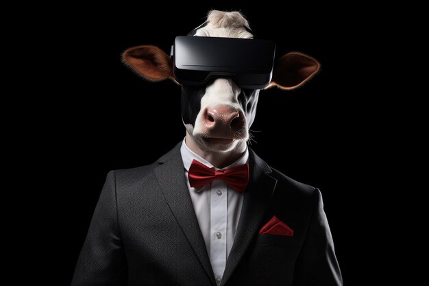 Vaca de fato e realidade virtual com fundo preto