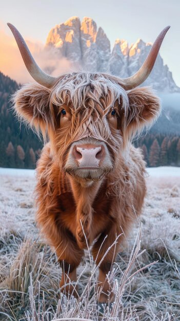 Foto vaca de montanha em uma manhã gelada na paisagem da montanha dolomita