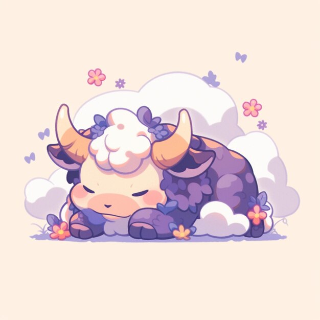 vaca de dibujos animados acostada con flores y nubes en el fondo ai generativo