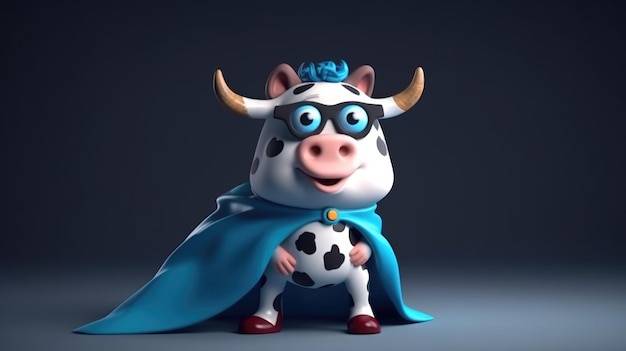 Una vaca de dibujos animados con una capa y una capa que dice "vaca"