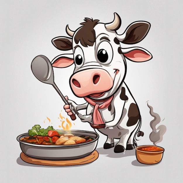Una vaca de dibujos animados cocinando en un fondo blanco gracioso