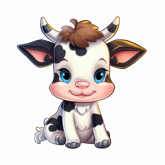 Vaca de dibujos animados sentada con cabello castaño y ojos azules ai generativo