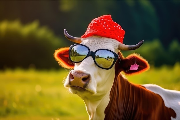 Vaca divertida con gafas de sol y sombrero rojo frente a un prado verde