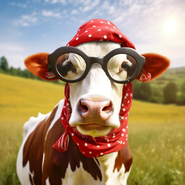 Vaca divertida con gafas de sol y un sombrero rojo de pie frente a un fondo de campo verde IA generativa