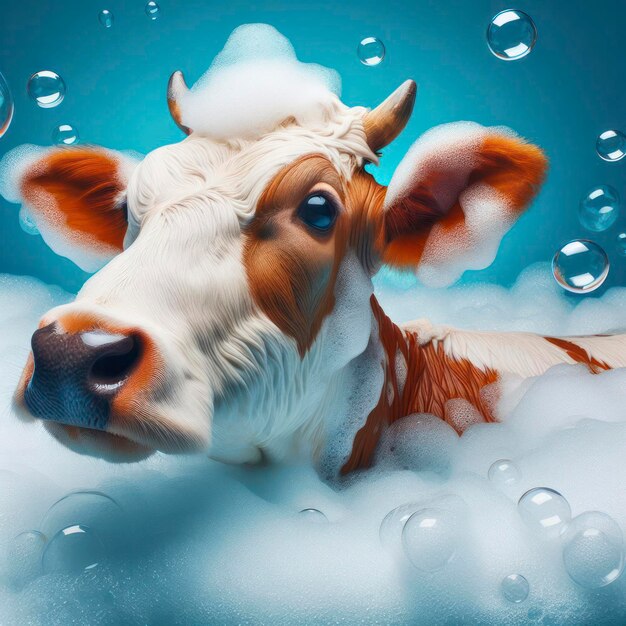 vaca em banho com espuma e bolhas de fundo azul brilhante