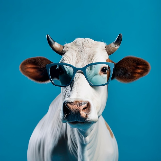 Vaca em um fundo azul com óculos de sol generative ai