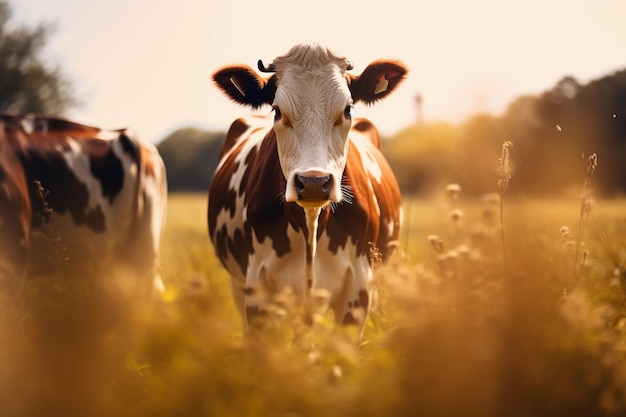 Vaca em um prado com flores