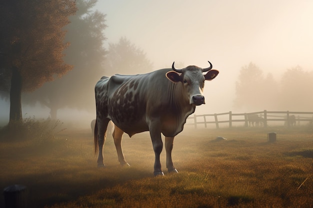 Una vaca se encuentra en un campo con una cerca al fondo.