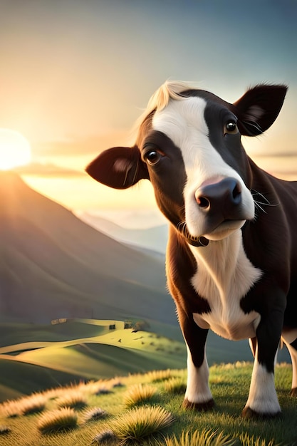 Una vaca se encuentra en un campo con una puesta de sol al fondo.