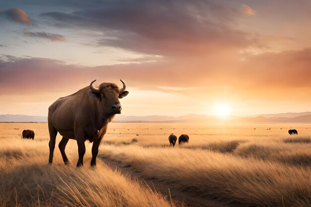 Una vaca se encuentra en un campo con la puesta de sol detrás de ella.