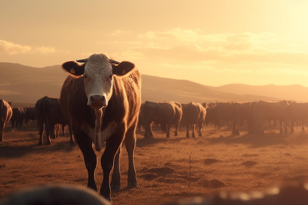 Una vaca se encuentra en un campo con la puesta de sol detrás de ella.