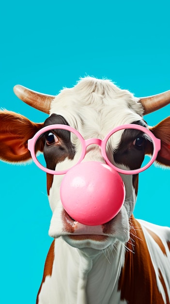 Foto vaca engraçada com óculos de sol fundo de estúdio